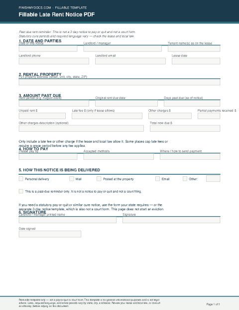Fillable Late Rent Notice PDF preview thumbnail