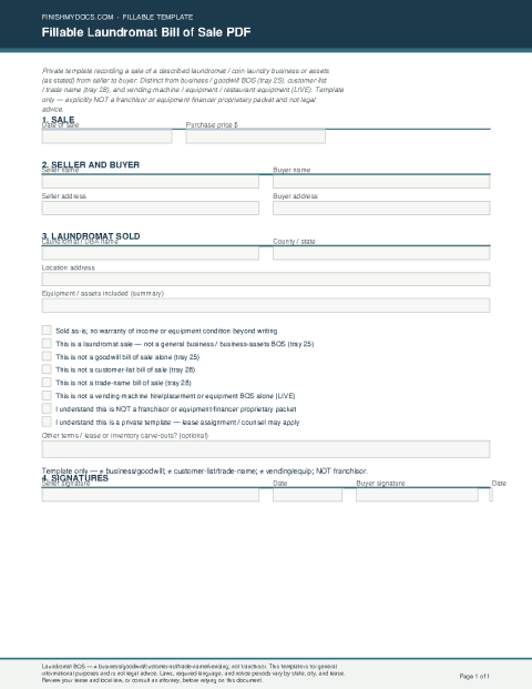 Fillable Laundromat Bill of Sale PDF preview thumbnail