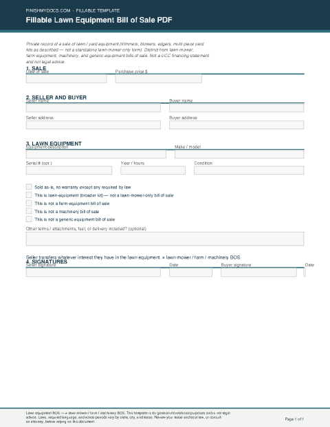 Fillable Lawn Equipment Bill of Sale PDF preview thumbnail