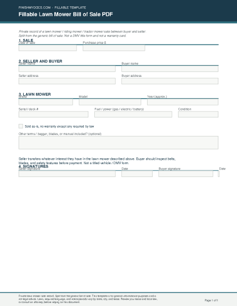 Fillable Lawn Mower Bill of Sale PDF preview thumbnail