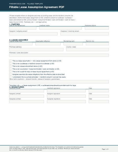 Fillable Lease Assumption Agreement PDF preview thumbnail