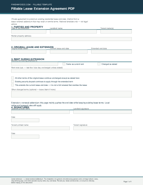 Fillable Lease Extension Agreement PDF preview thumbnail