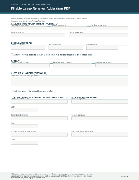 Fillable Lease Renewal Addendum PDF preview thumbnail