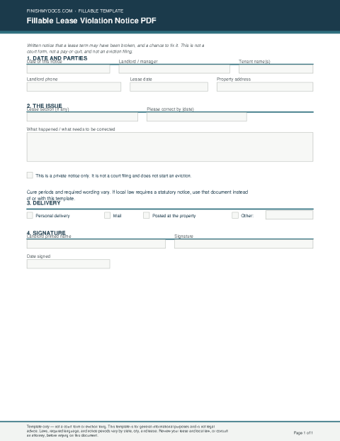 Fillable Lease Violation Notice PDF preview thumbnail