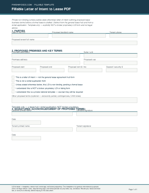 Fillable Letter of Intent to Lease PDF preview thumbnail