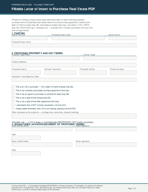 Fillable Letter of Intent to Purchase Real Estate PDF preview thumbnail