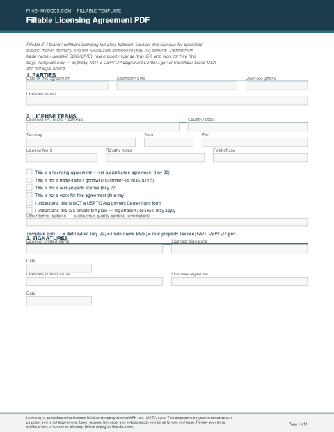 Fillable Licensing Agreement PDF preview thumbnail