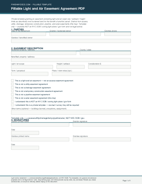 Fillable Light and Air Easement Agreement PDF preview thumbnail
