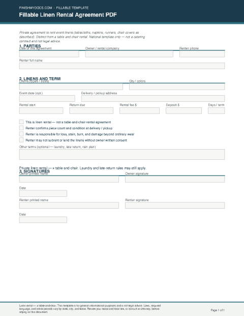 Fillable Linen Rental Agreement PDF preview thumbnail