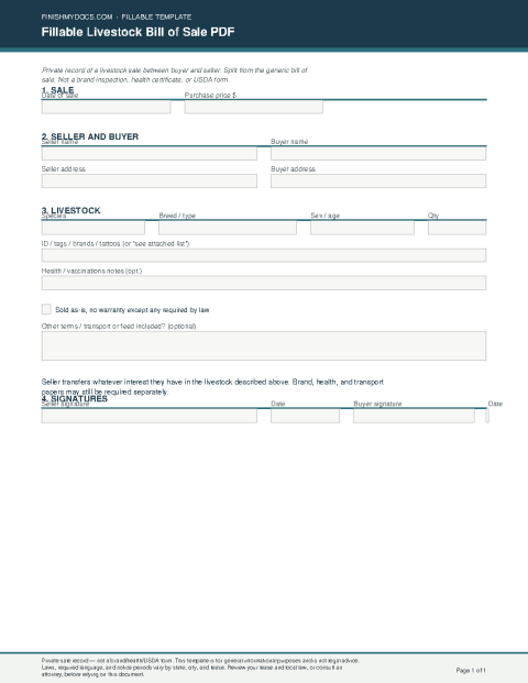 Fillable Livestock Bill of Sale PDF preview thumbnail