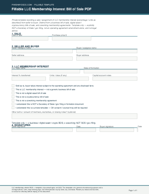 Fillable LLC Membership Interest Bill of Sale PDF preview thumbnail