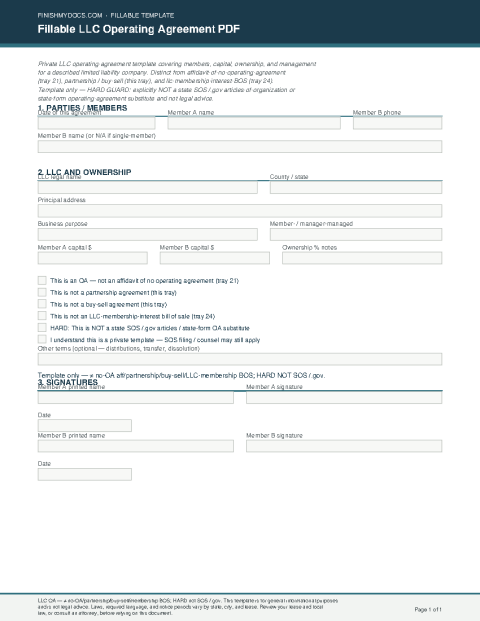 Fillable LLC Operating Agreement PDF preview thumbnail