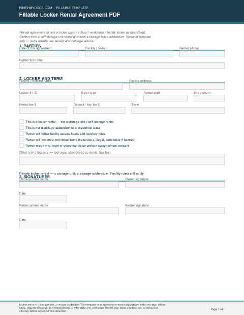 Fillable Locker Rental Agreement PDF preview thumbnail