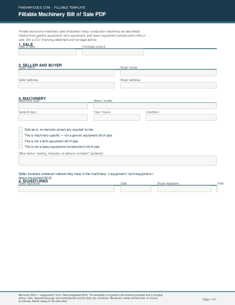 Fillable Machinery Bill of Sale PDF preview thumbnail