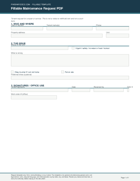 Fillable Maintenance Request PDF preview thumbnail