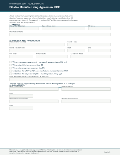 Fillable Manufacturing Agreement PDF preview thumbnail