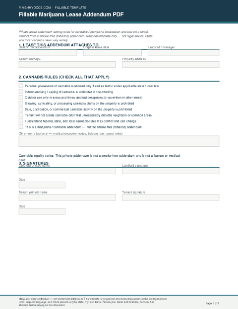 Fillable Marijuana Lease Addendum PDF preview thumbnail