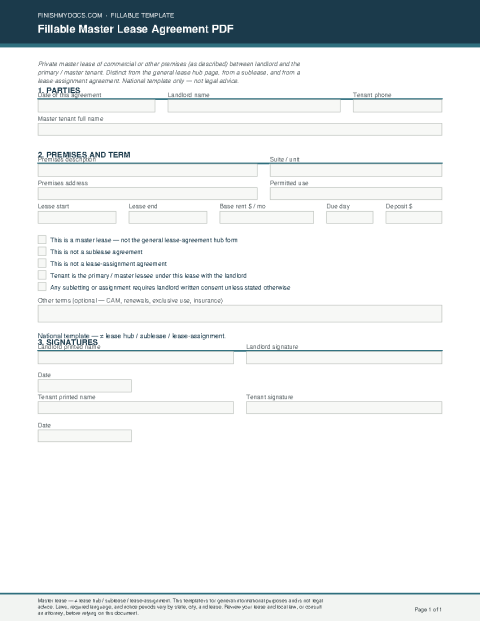Fillable Master Lease Agreement PDF preview thumbnail