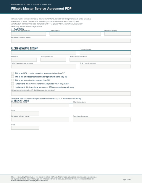 Fillable Master Service Agreement PDF preview thumbnail