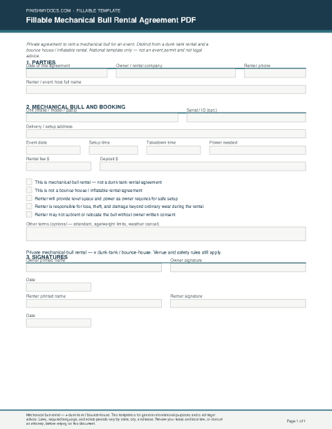 Fillable Mechanical Bull Rental Agreement PDF preview thumbnail