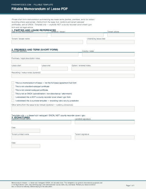 Fillable Memorandum of Lease PDF preview thumbnail