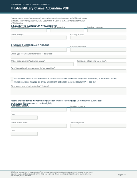 Fillable Military Clause Addendum PDF preview thumbnail