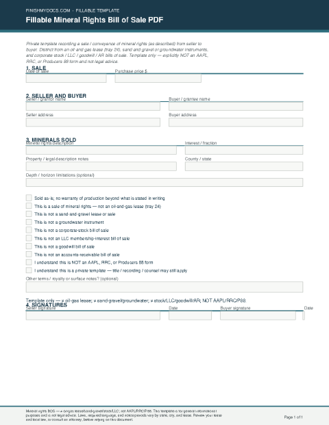 Fillable Mineral Rights Bill of Sale PDF preview thumbnail