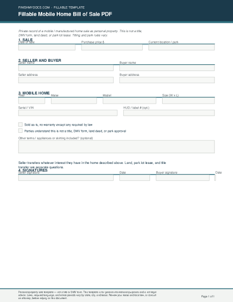Fillable Mobile Home Bill of Sale PDF preview thumbnail