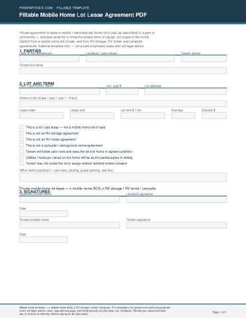 Fillable Mobile Home Lot Lease Agreement PDF preview thumbnail
