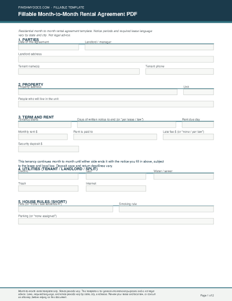 Fillable Month-to-Month Rental Agreement PDF preview thumbnail
