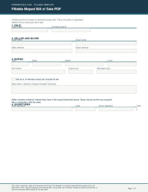 Fillable Moped Bill of Sale PDF preview thumbnail