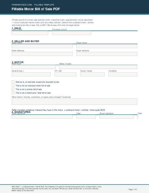 Fillable Motor Bill of Sale PDF preview thumbnail