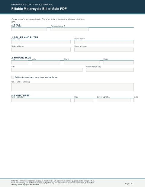 Fillable Motorcycle Bill of Sale PDF preview thumbnail
