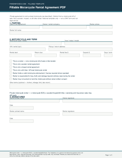 Fillable Motorcycle Rental Agreement PDF preview thumbnail