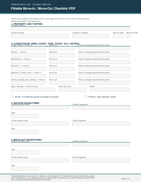 Fillable Move-In / Move-Out Checklist PDF preview thumbnail