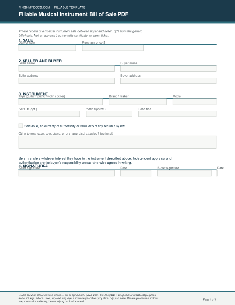 Fillable Musical Instrument Bill of Sale PDF preview thumbnail