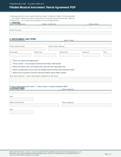 Fillable Musical Instrument Rental Agreement PDF preview thumbnail