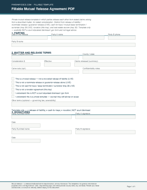 Fillable Mutual Release Agreement PDF preview thumbnail