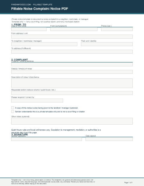 Fillable Noise Complaint Notice PDF preview thumbnail