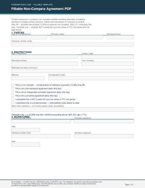 Fillable Non-Compete Agreement PDF preview thumbnail