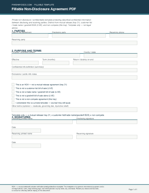 Fillable Non-Disclosure Agreement PDF preview thumbnail
