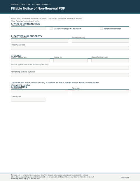 Fillable Notice of Non-Renewal PDF preview thumbnail