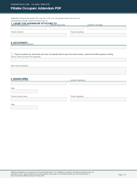 Fillable Occupant Addendum PDF preview thumbnail