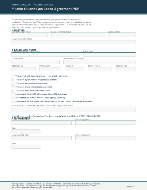 Fillable Oil and Gas Lease Agreement PDF preview thumbnail