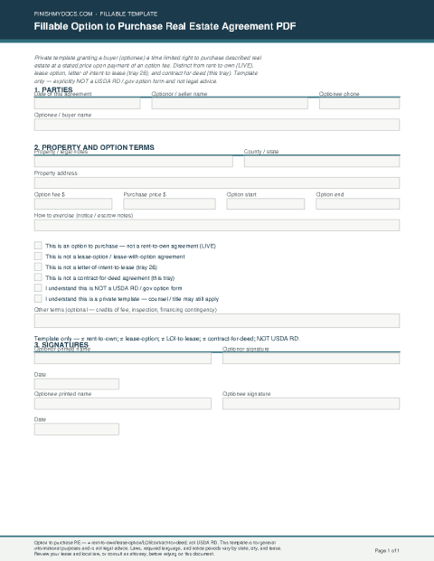 Fillable Option to Purchase Real Estate Agreement PDF preview thumbnail