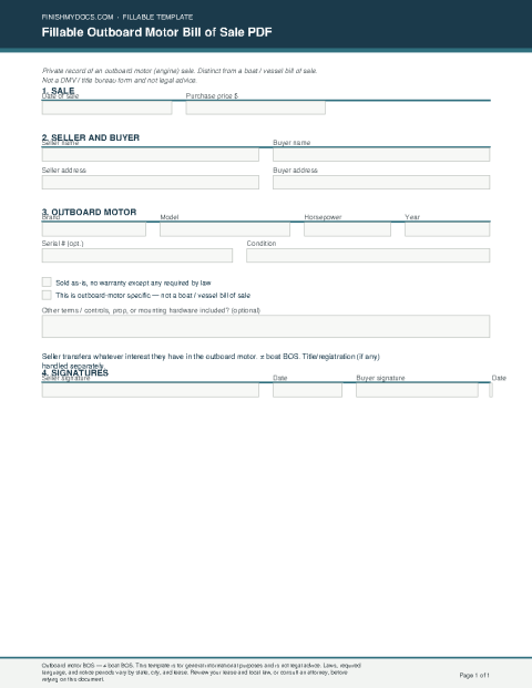 Fillable Outboard Motor Bill of Sale PDF preview thumbnail