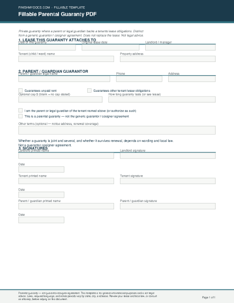 Fillable Parental Guaranty PDF preview thumbnail