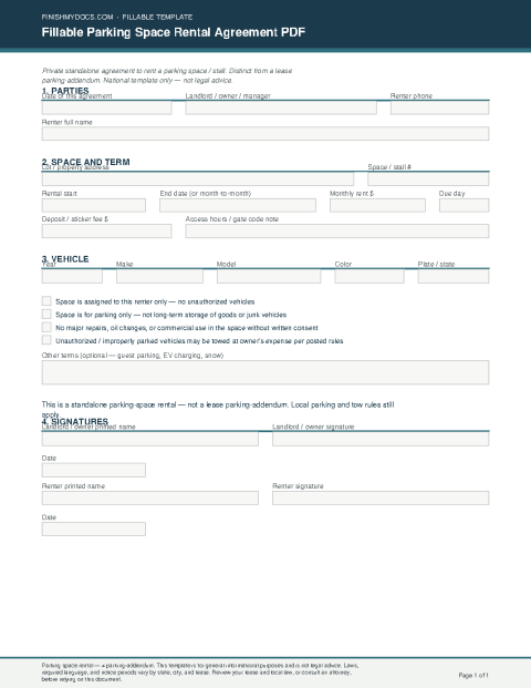 Fillable Parking Space Rental Agreement PDF preview thumbnail