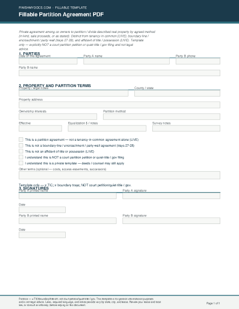 Fillable Partition Agreement PDF preview thumbnail