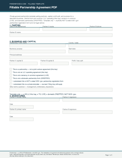 Fillable Partnership Agreement PDF preview thumbnail